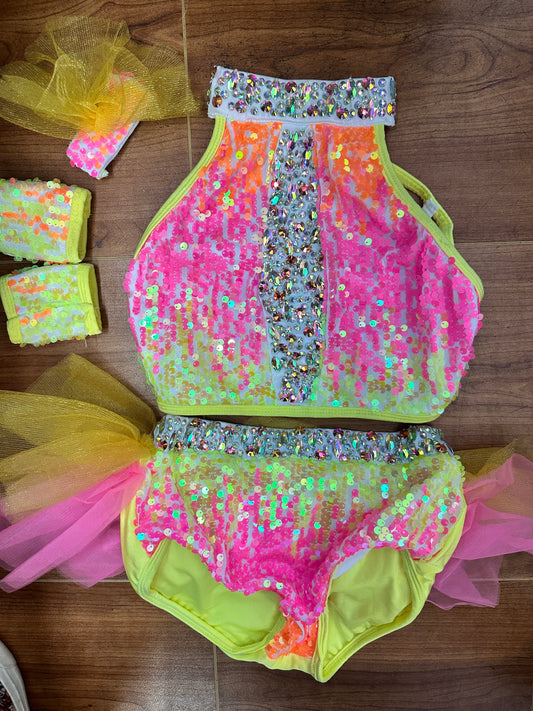Pre-Owned Costume XL Child Yellow Glamour Jazz Character Musical Theater Neon Sequin Tutu