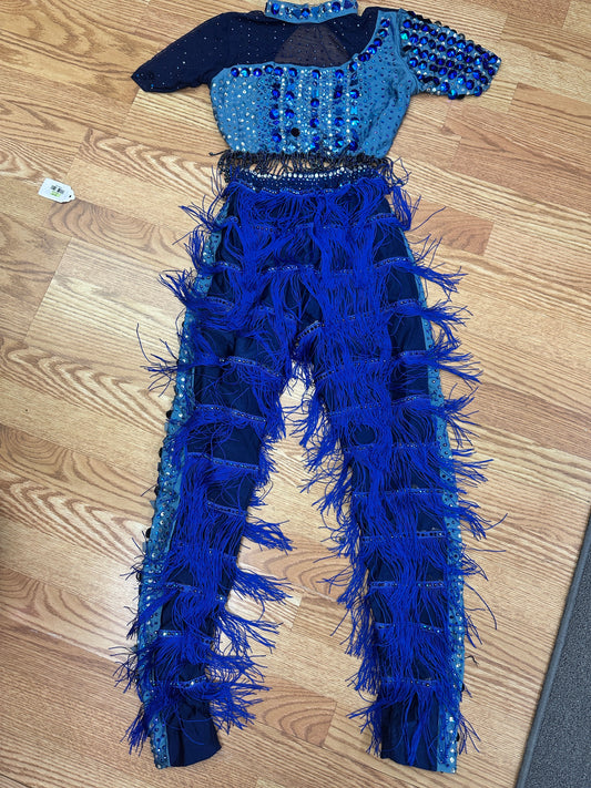Pre-Owned Costume Large Child Blue Glamour Jazz Tap Clogging Latin Fringe Rhinestones 2 pc