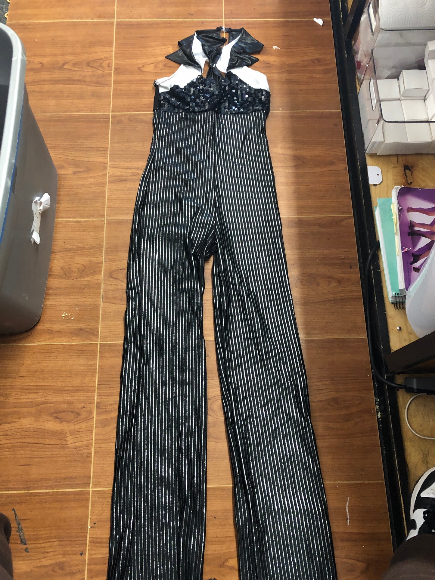 Pre-Owned Costume Small Adult Black Glamour Jazz Tap Clogging Musical Theater Tie Pinstripe Jumpsuit