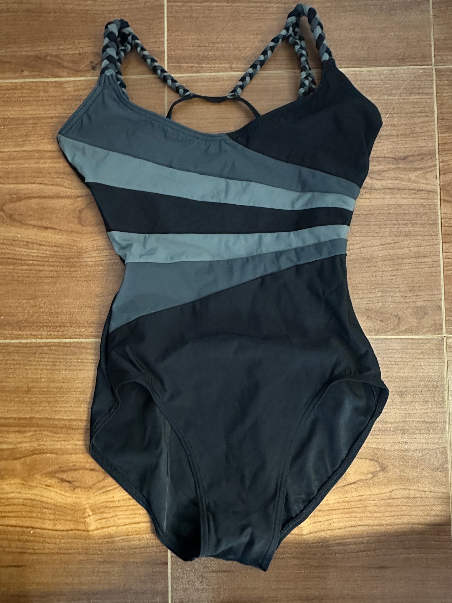 Pre-Owned Leotard Capezio Large Adult Black Gray Braided Ballet Tap Jazz Modern