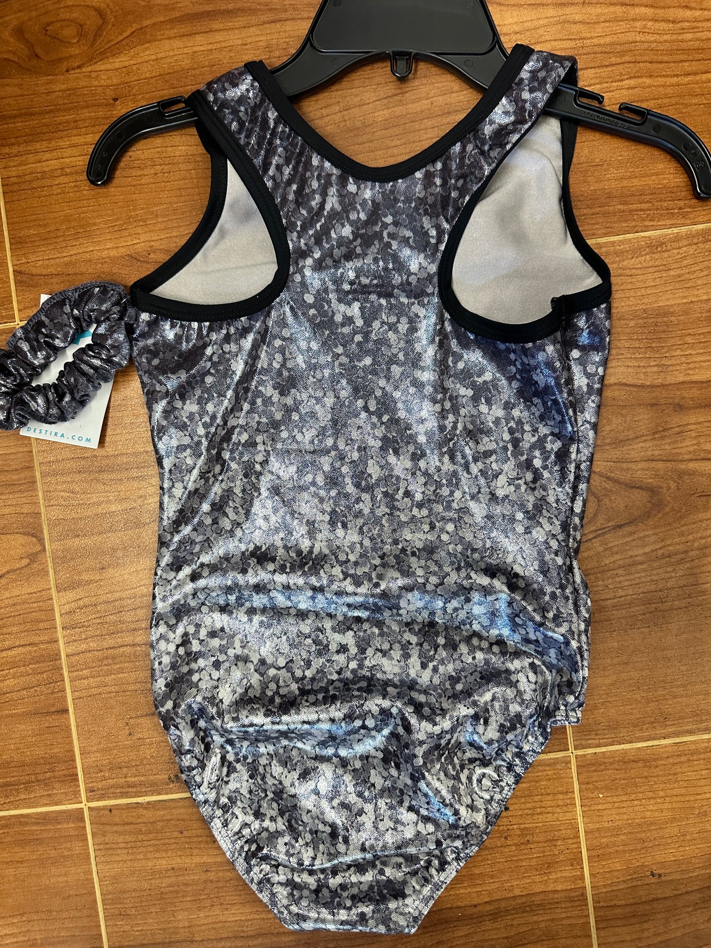 New Gymnastics Leotard Destira Glitter and Glitz Silver Child Large Includes Scrunchie
