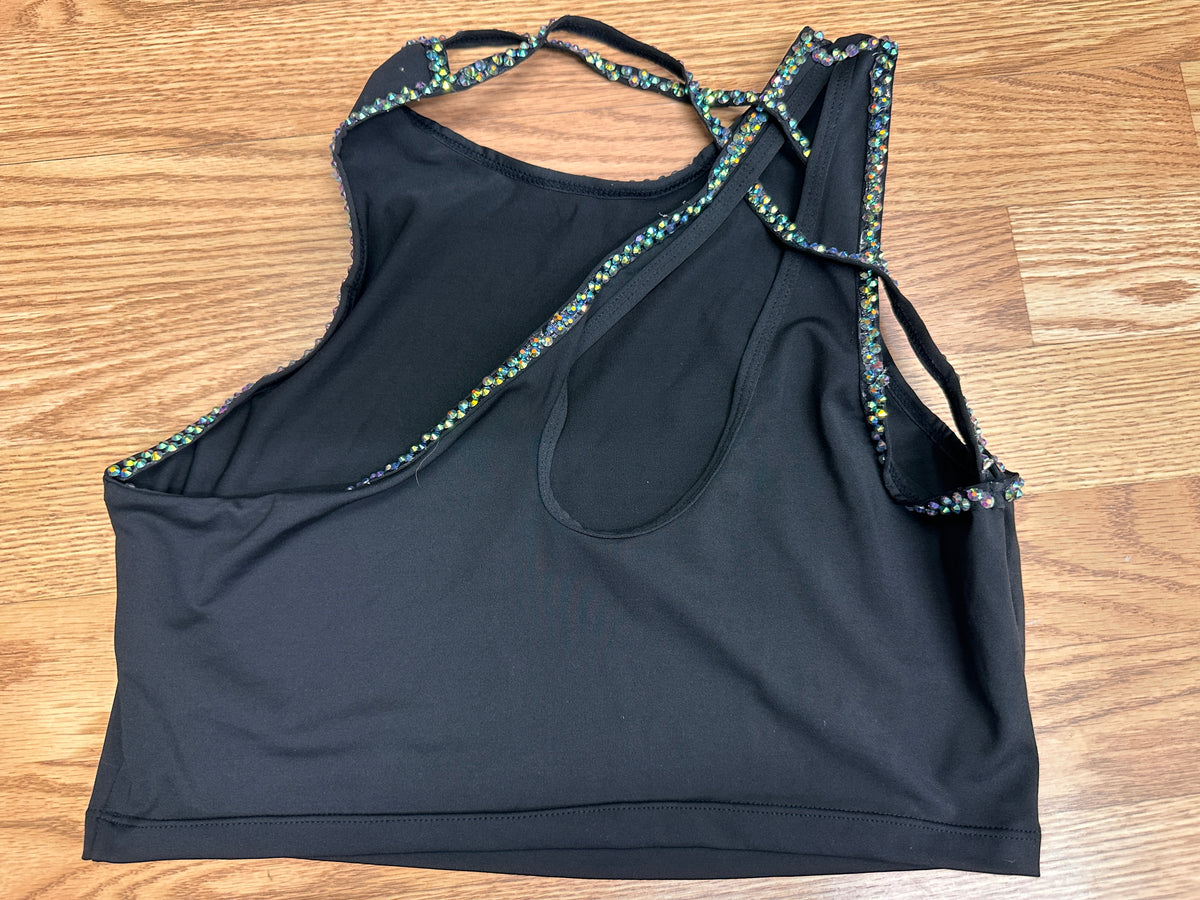 Pre-Owned Costume Crop Top Large Adult Black with AB Rhinestones Jazz Tap Modern