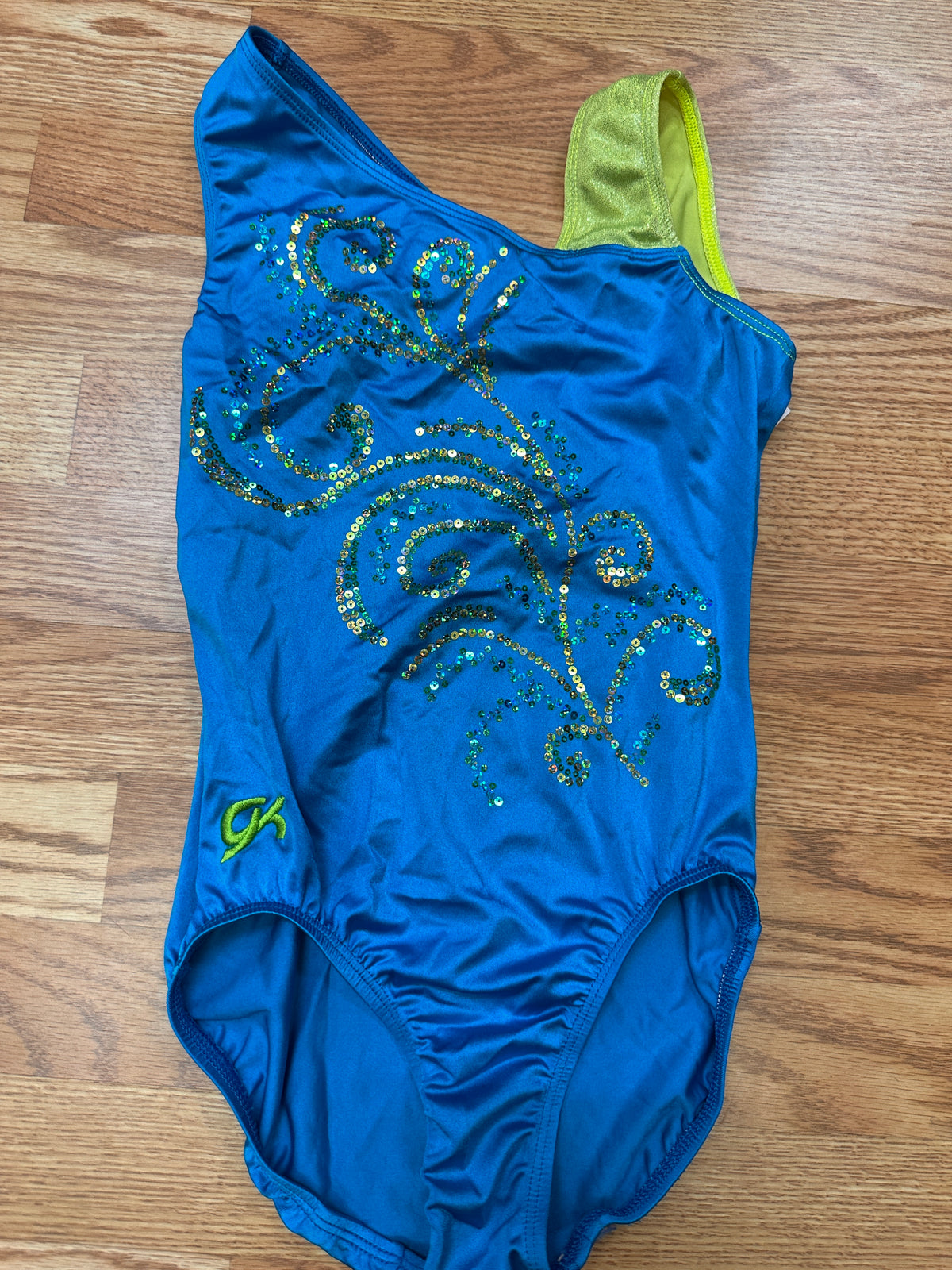Pre-Owned Leotard Gk Elite Small Adult Turquoise Lime Sparkle Gymnastics