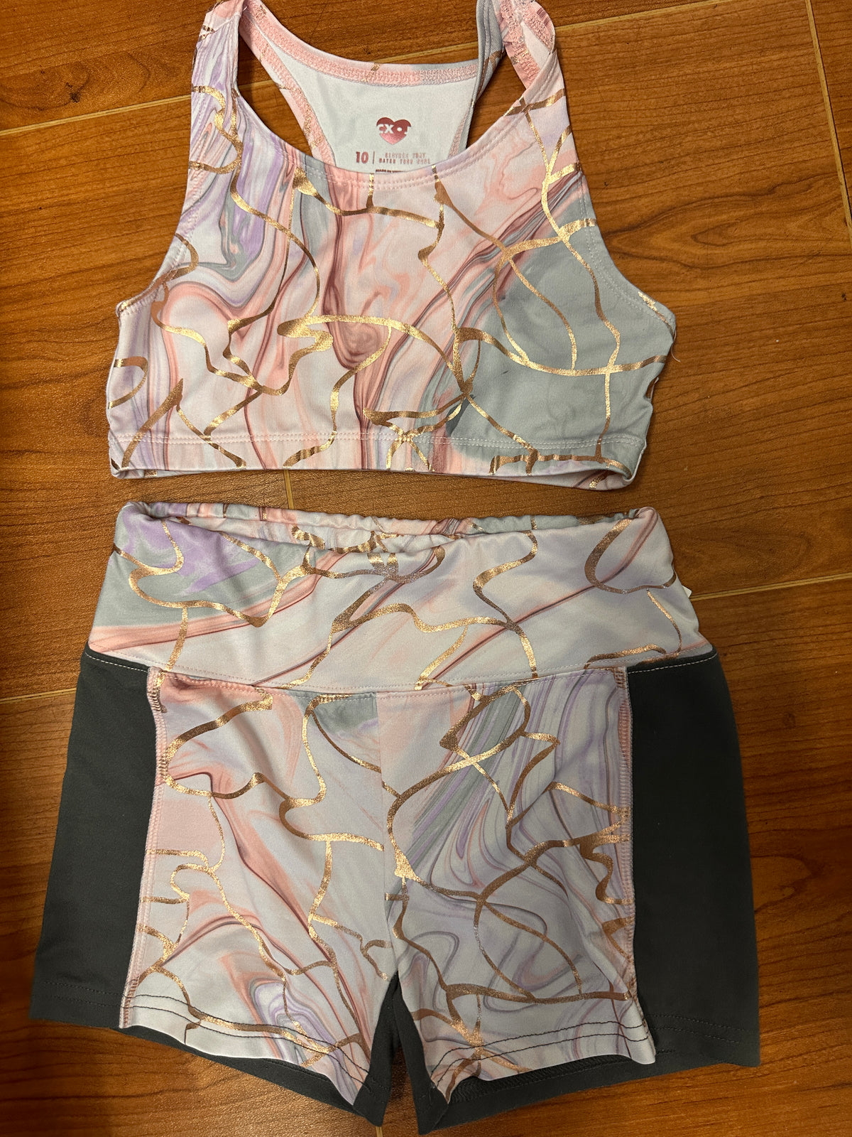 Pre-Owned SET Top/Shorts CX&J Pink Gray Large Child Jazz Cheer Modern