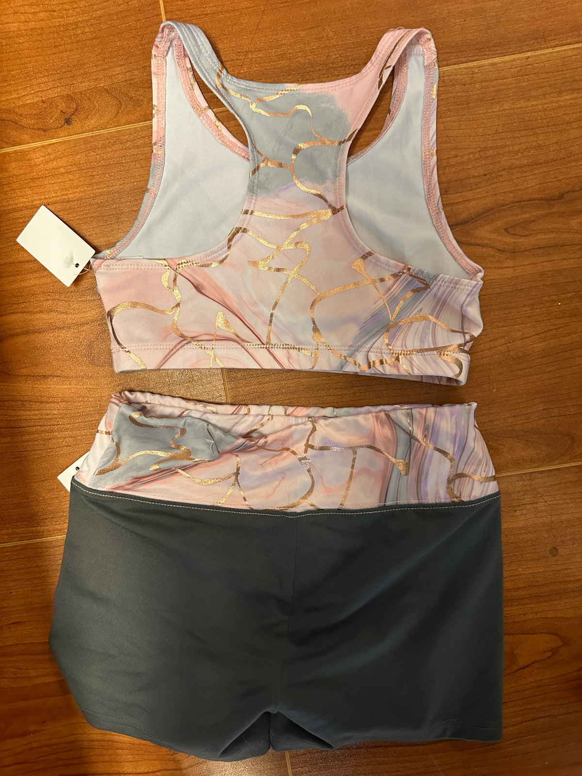 Pre-Owned SET Top/Shorts CX&J Pink Gray Large Child Jazz Cheer Modern
