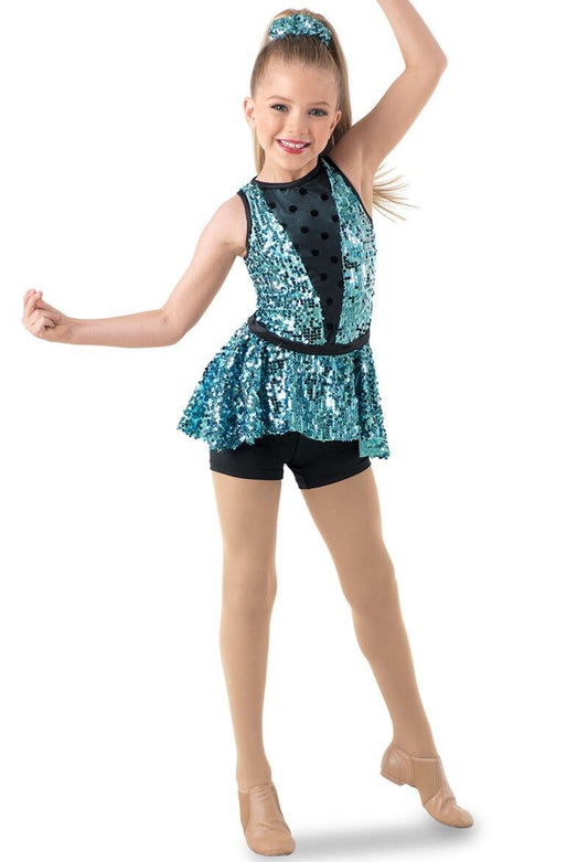 Pre-Owned Costume Weissman  10715 Medium Child Aqua Blue Peplum Unitard Jazz Sequins