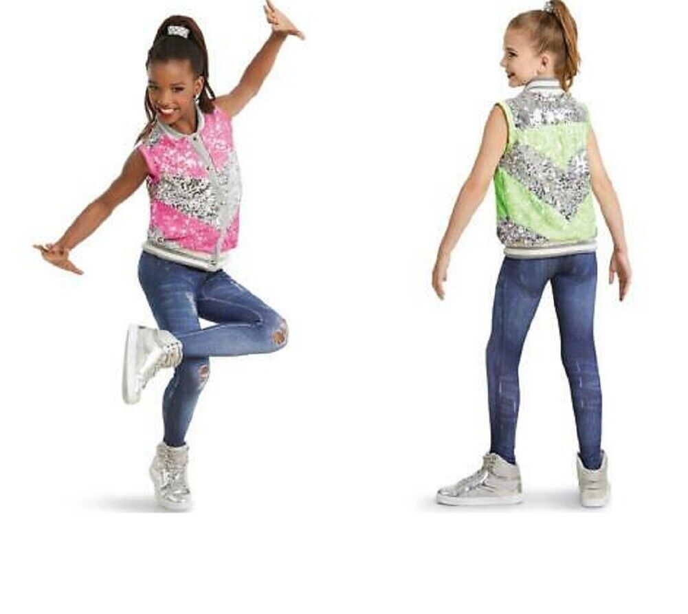 Pre-Owned Costume Weissman  11405 Large Child Lime Green Vest Jeggings Hip Hop Clogging Sequins