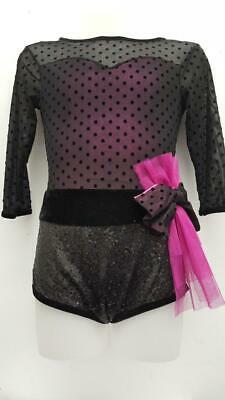 Pre-Owned Costume Small Adult Pink Curtain Call E1386 Jazz Tap Clogging Musical Theater Polka Dot Unitard Long Sleeve