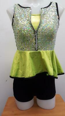 Pre-Owned Costume Large Child Green Curtain Call E1793 Jazz Tap Clogging Hip Hop Sequin Biketard
