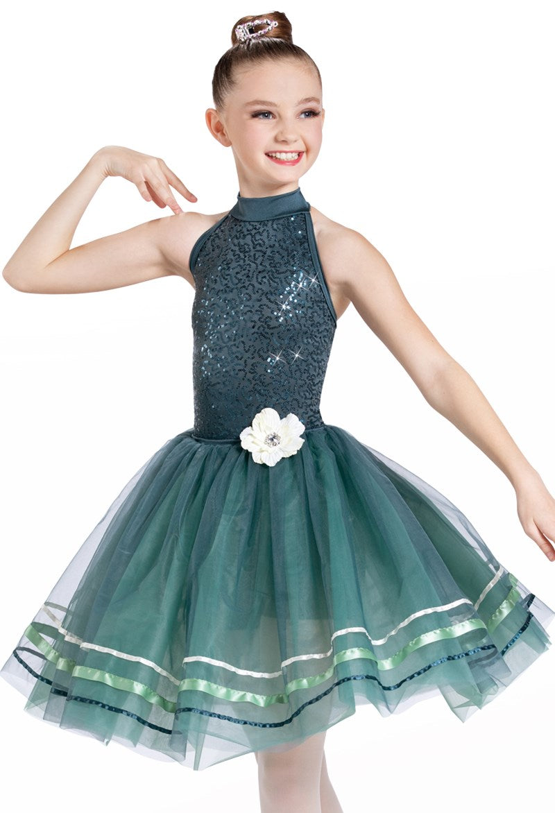 Pre-Owned Costume Weissman  13667 Small Child Green 2 in 1 Biketard Skirt & Tutu Ballet Tap Acro Sequins