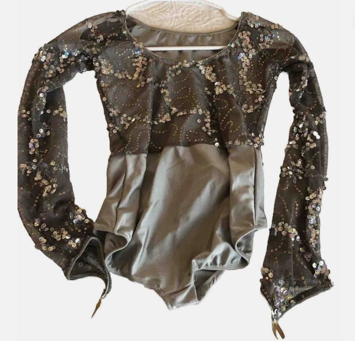 Pre-Owned Costume Medium Child Gray Revolution RC18644 Jazz Lyrical Ballet Tutu Long Sleeve Sequin