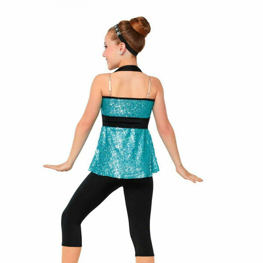 Pre-Owned Costume Jazz Medium Adult Turquoise Curtain Call Sequin 2 pc Tap Clogging Musical Theater