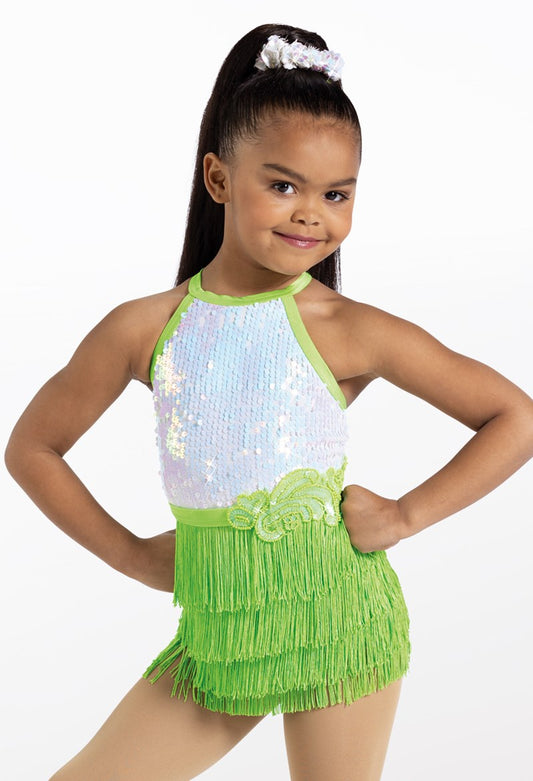 Pre-Owned Costume Weissman 14464 Small Child Lime Green Jazz Clogging Latin Sequin Fringe