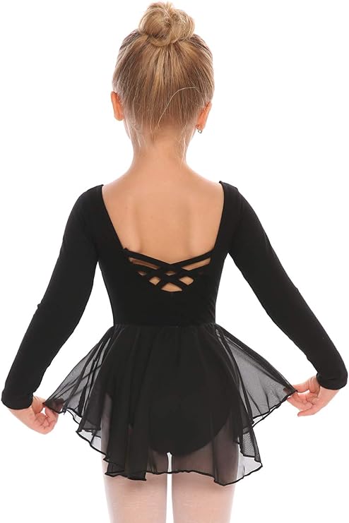 Pre-Owned Leotard Dress Long Sleeve Black Medium Child Crossing Back