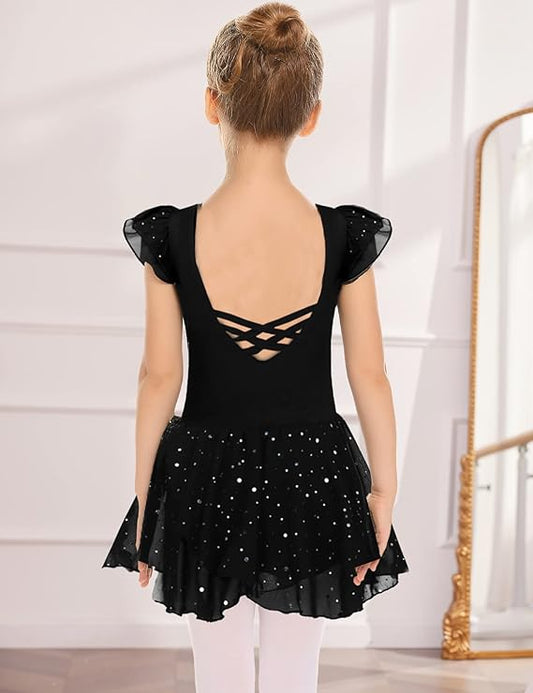 Pre-Owned Leotard Dress Flutter Sleeve Black Small Child Sparkle Skirt Ballet