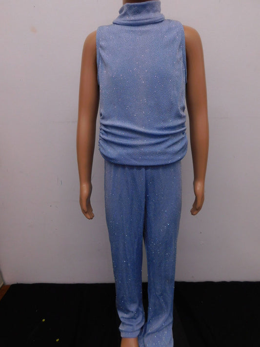 Pre-Owned Retro Costume Kelle   Medium Child Blue Pant Suit Jazz Disco Glitter