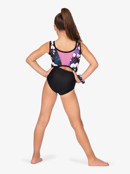 New Gymnastics Leotard Destira Bora Bora Child XL Floral Print Includes Scrunchie