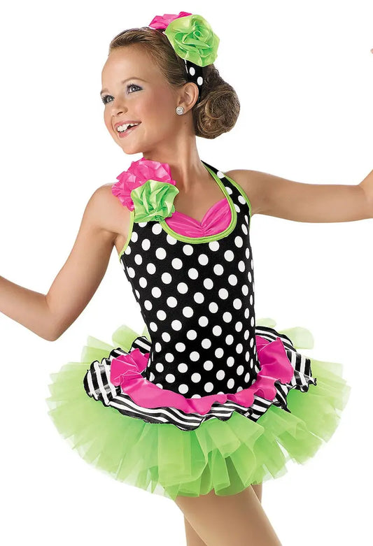 Pre-Owned Costume XS Child Green Weissman 6851 Jazz Tap Latin Clogging Polka Dot Stripes Ruffles