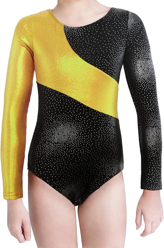Pre-Owned Gymnastics Leotard Large Child Gold Black Long Sleeve