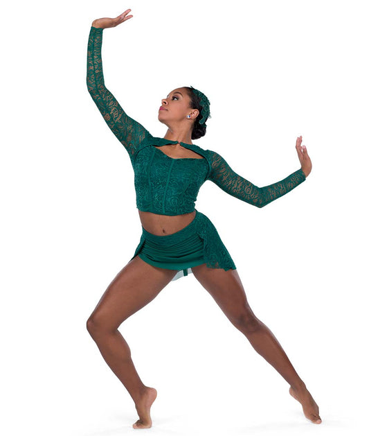 Pre-Owned Costume Large Adult Green A Wish Come True 24061 Lyrical Contemporary Ballet Lace 2 pc Long Sleeve