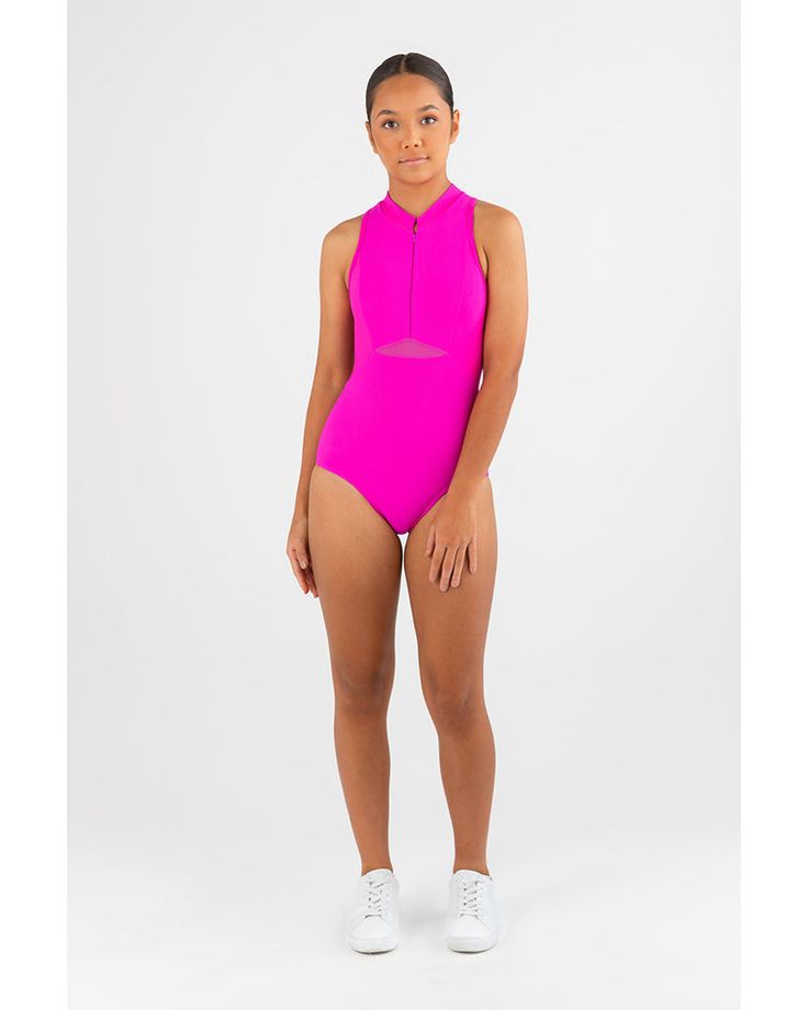 Pre-Owned Leotard by Every Turn Hot Pink Child 10 Large Zip Up Mesh Accents