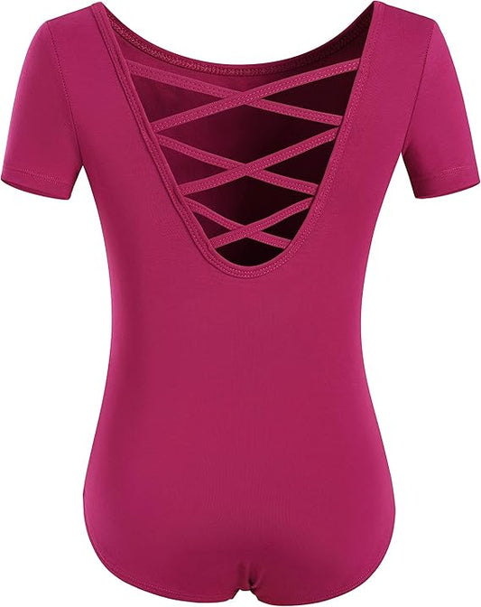 Pre-Owned Leotard Short Sleeve Criss Cross back XL Child Dark Pink Raspberry
