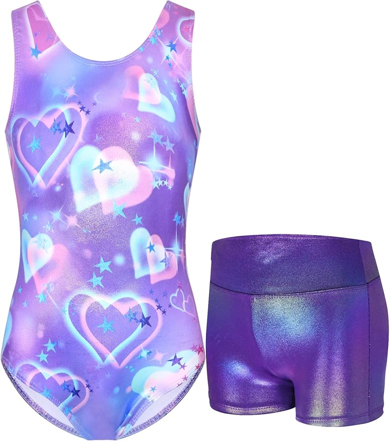 Pre-Owned Gymnastics Leotard/Shorts Medium Child Purple Hearts Gymnastics