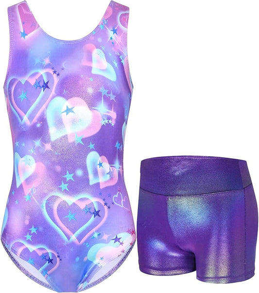 Pre-Owned Gymnastics Leotard/Shorts Medium Child Purple Hearts Gymnastics