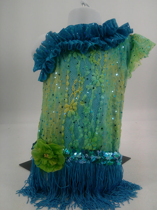 Pre-Owned Costume AWCT  V1650 Small Child Lime Blue Fringe Skirt Jazz Sequins