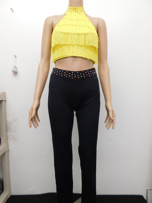 Pre-Owned Costume Balera   Small Adult Yellow Fringe Jazz Tap Latin Rhinestones