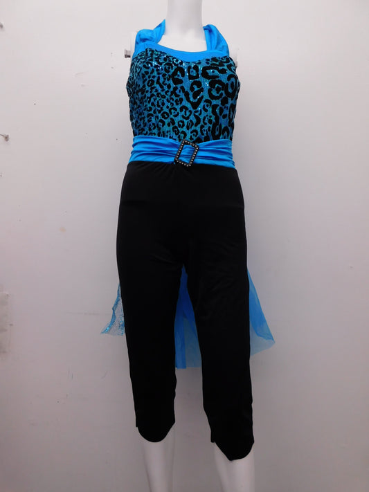 Pre-Owned Costume Costume Gallery 15209 Medium Adult Turquoise Unitard Bustle Jazz Baton Glitter