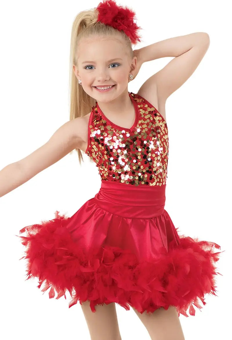 Pre-Owned Costume Intermediate Child Red Weissman 9518 Tap Jazz Clogging Feathers Dress Sequin