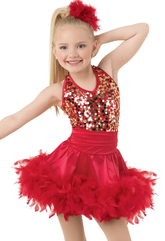 Pre-Owned Costume Intermediate Child Red Weissman 9518 Tap Jazz Clogging Feathers Dress Sequin