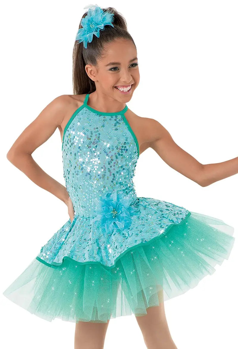 Pre-Owned Costume Medium Child Turquoise Weissman 9604 Jazz Tap Clogging Musical Theater Sequin