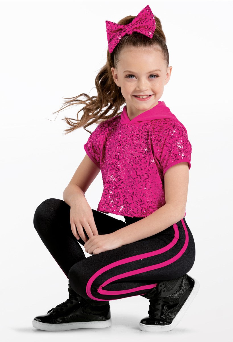 Pre-Owned Costume Weissman  14191 Medium Child  Pink  Unitard w Hoodie Hip Hop  Sequins