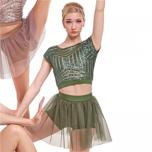 Pre-Owned Costume Curtain Call  J4987 Medium Adult Green 2 piece Jazz Sequin