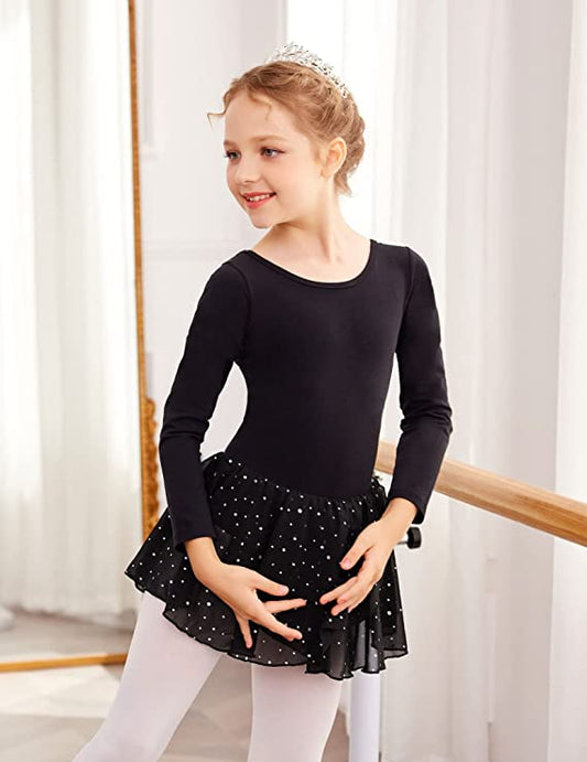 New Leotard Dress Arshiner 6x-7 Girl's Black Long Sleeve Sparkle Skirt