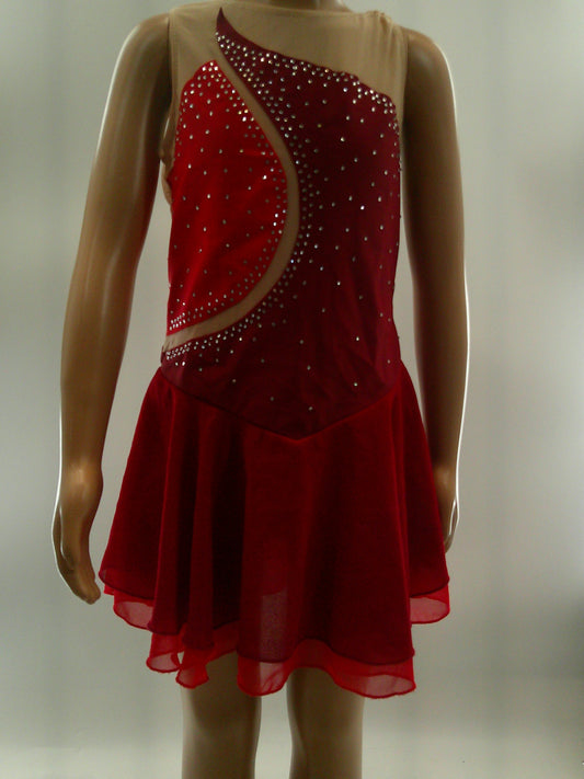 Pre-Owned Costume Medium Child Red ieffiel Lyrical Ballet Ice Skating Rhinestone Dress Mesh