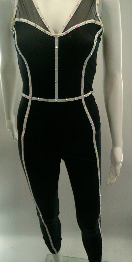Pre-Owned Costume XS Adult Black White Unitard Jazz Tap Acro Contemporary Rhinestone Unitard