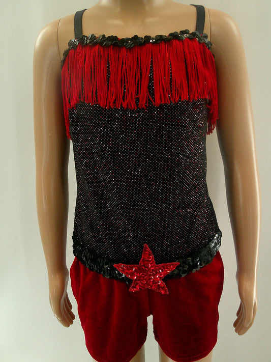 Pre-Owned Costume Medium Child Red A Wish Come True V629N Jazz Tap Clogging Fringe Velvet Glitter