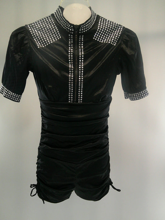 Pre-Owned Costume Large Child Black Weissman 5507 Jazz Tap Contemporary Romper Rhinestones