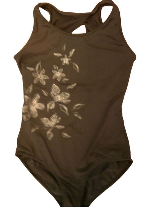 Pre-Owned Leotard Bloch Medium Child 8-10 Black with Gray Floral Print