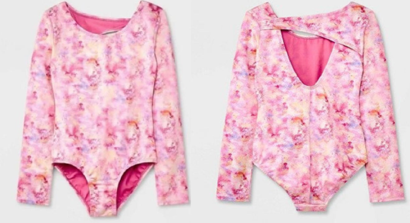 Pre-Owned Leotard Cat & Jack Large Child Pink Print Open Back Long Sleeve Jazz Acro