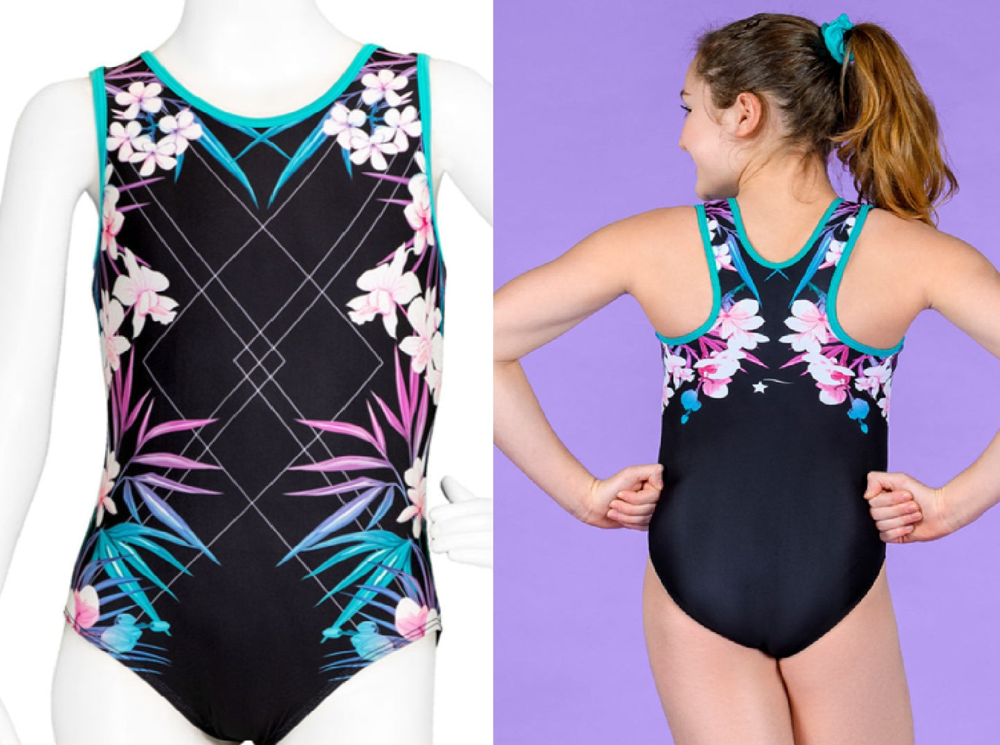 New Gymnastics Leotard Destira Oh La La Orchid Adult Medium Print Includes Scrunchie
