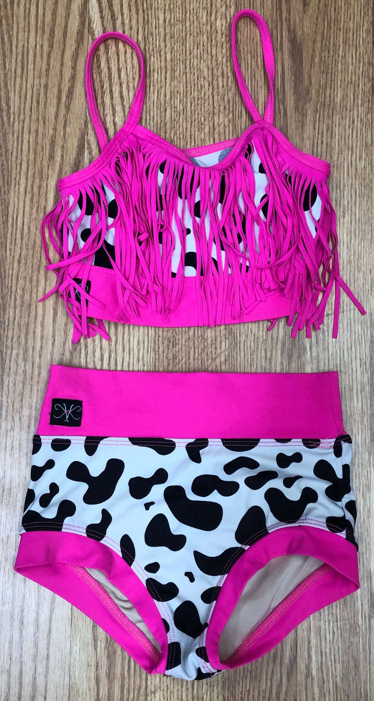 Pre-Owned Crop Top/Shorts Set Kandi Kouture XL Child Pink Cow Fringe Jazz Contemporary