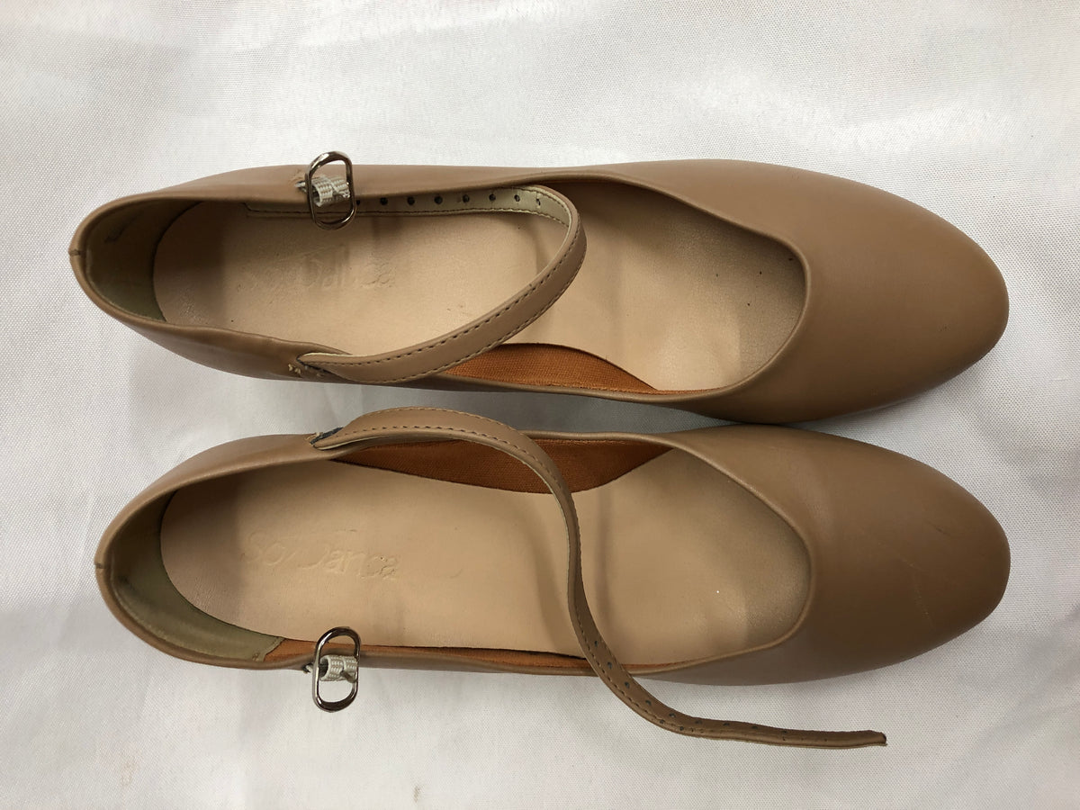 Pre-Owned Tap Shoes SoDanca Adult 7.5M Leather Buckle Tan 1.5" Heel