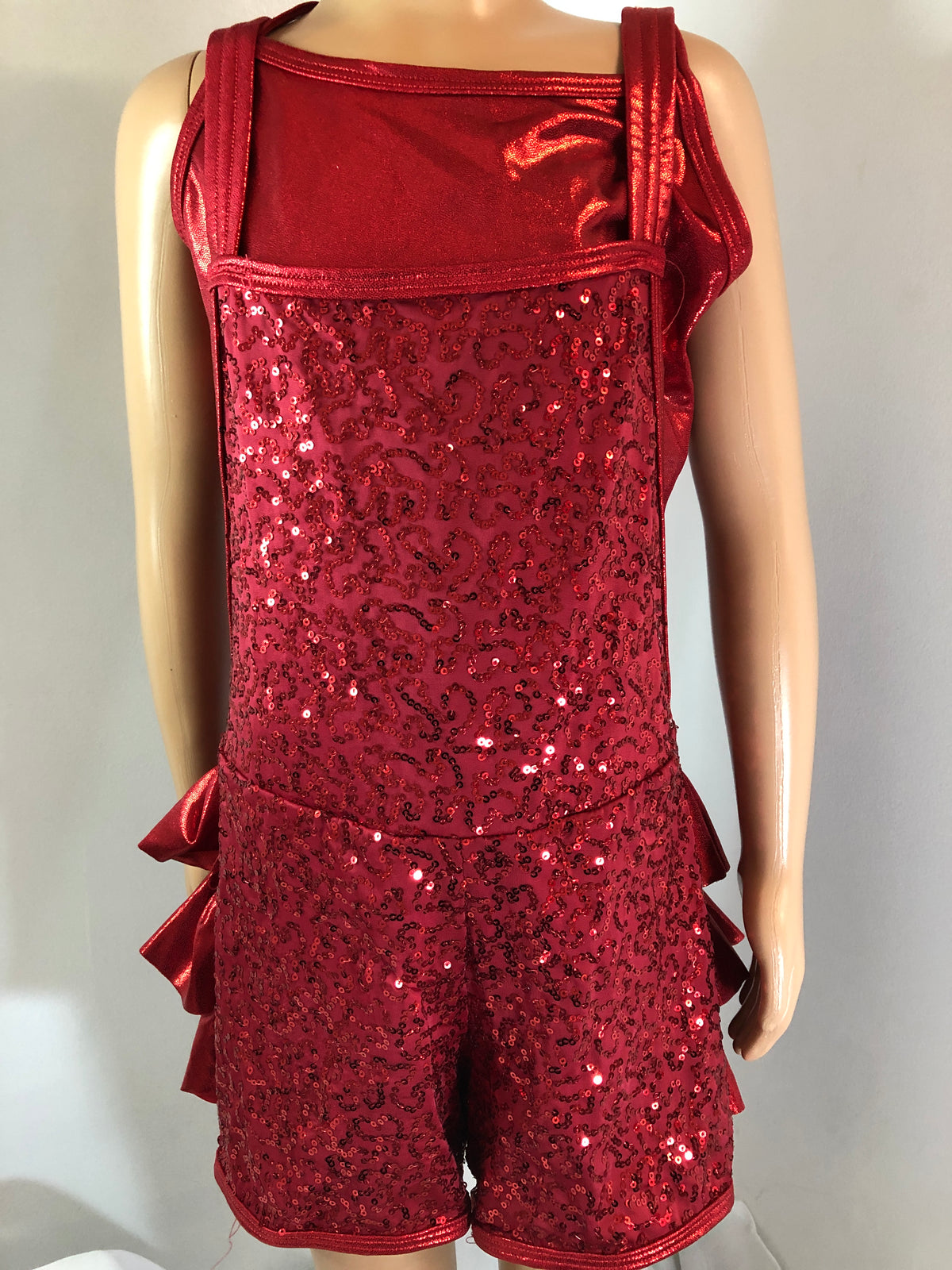 Pre-Owned Costume Large Child Red Curtain Call E2102 Jazz Tap Clogging Hip Hop Overalls Ruffles