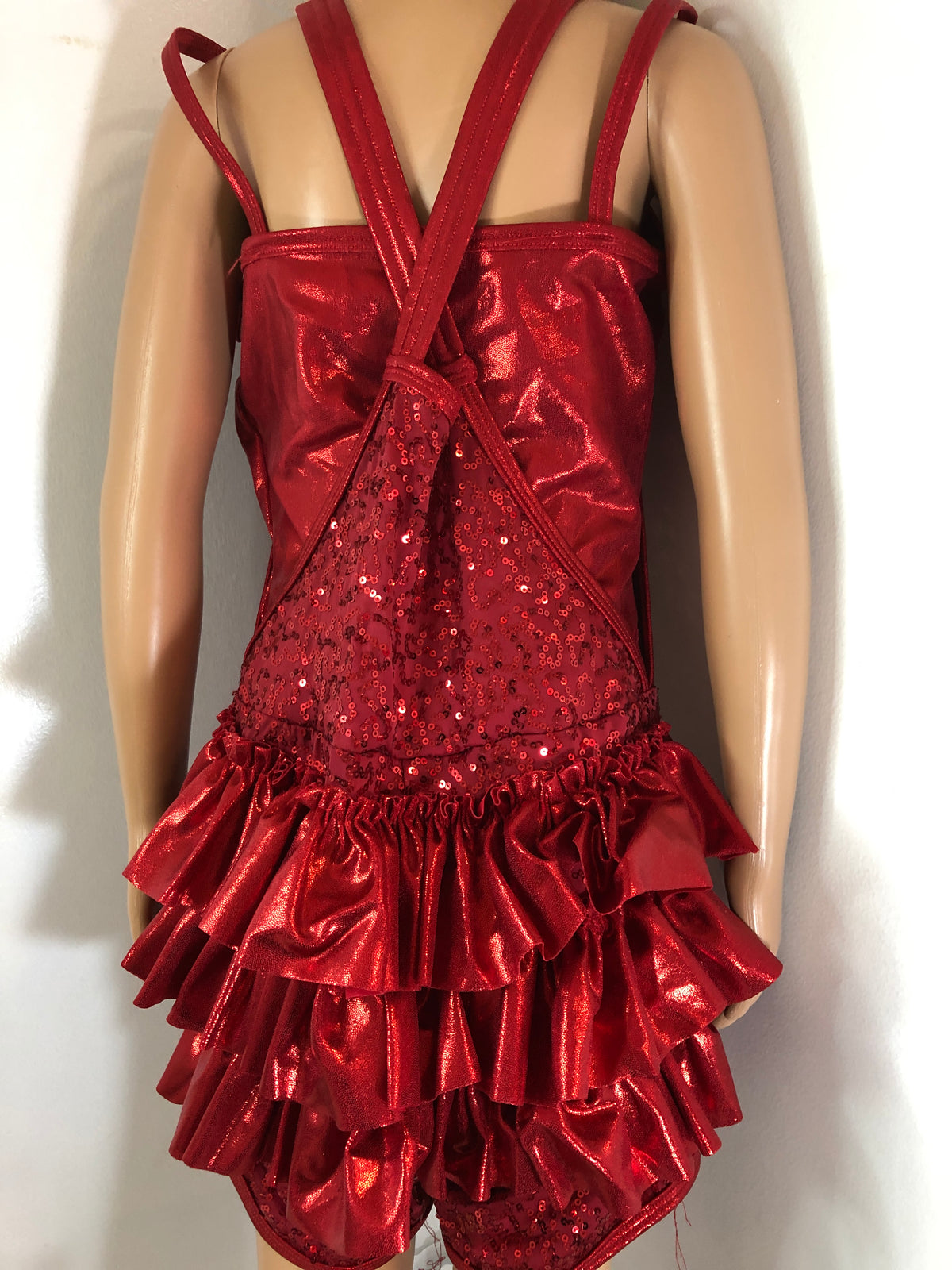 Pre-Owned Costume Large Child Red Curtain Call E2102 Jazz Tap Clogging Hip Hop Overalls Ruffles