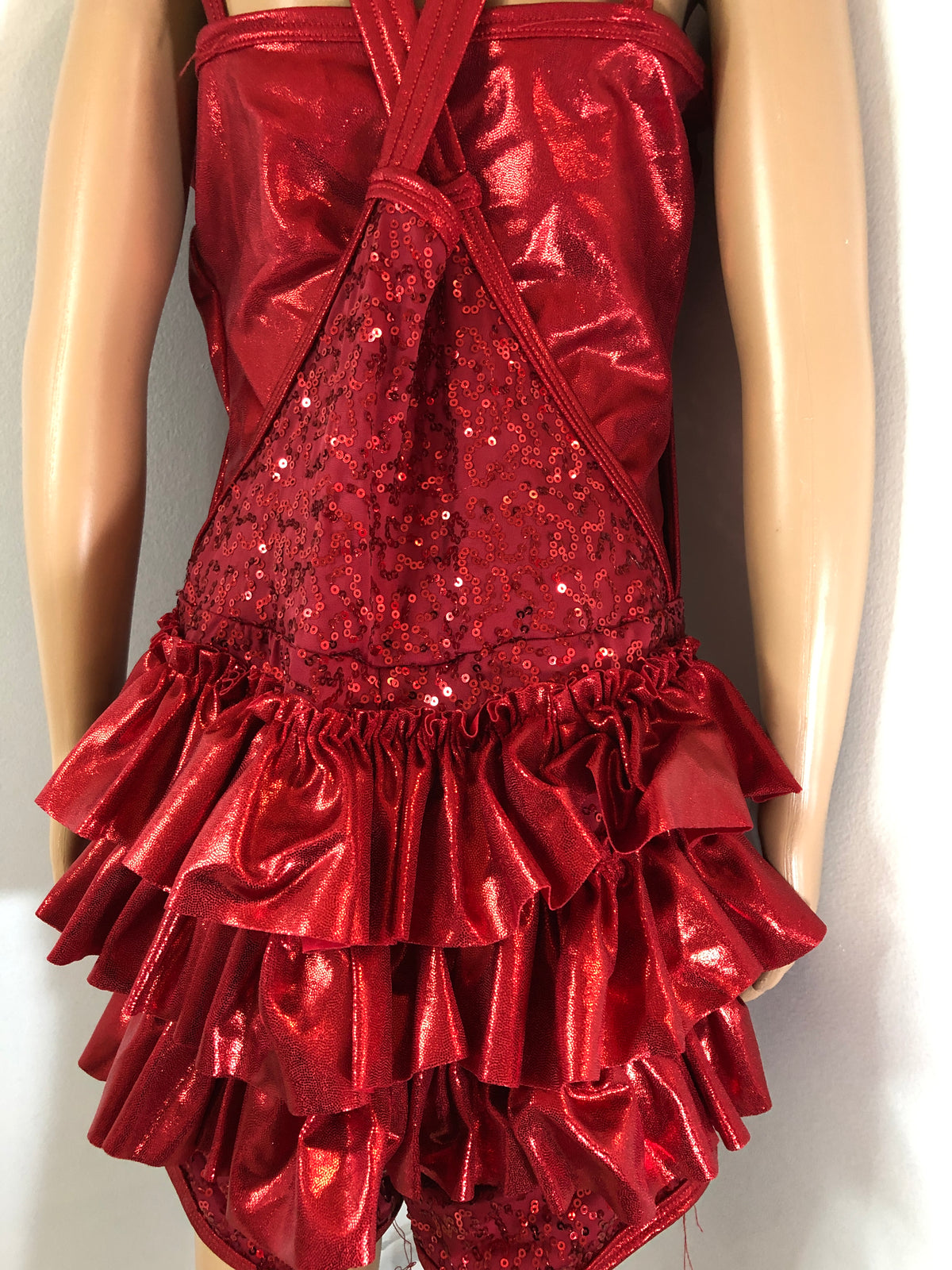 Pre-Owned Costume Large Child Red Curtain Call E2102 Jazz Tap Clogging Hip Hop Overalls Ruffles