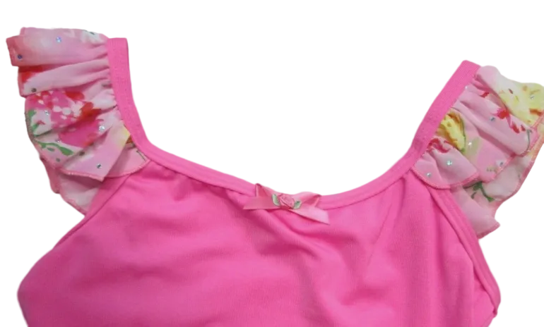 Pre-Owned Body Wrappers 2690 Medium Child Dark Pink Floral Flutter Sleeve Ballet Tap